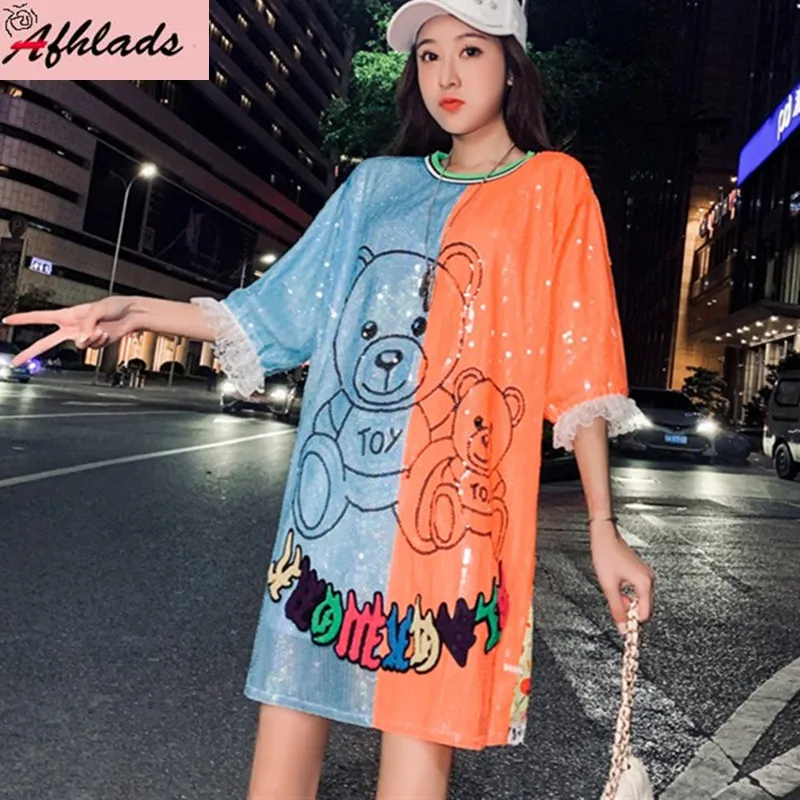 

Letter Print Female Summer Cartoon Tops Streetwear Hip Hop Short Sleeve Patchwork Women's Clothing Night Club Sequin T-Shirt