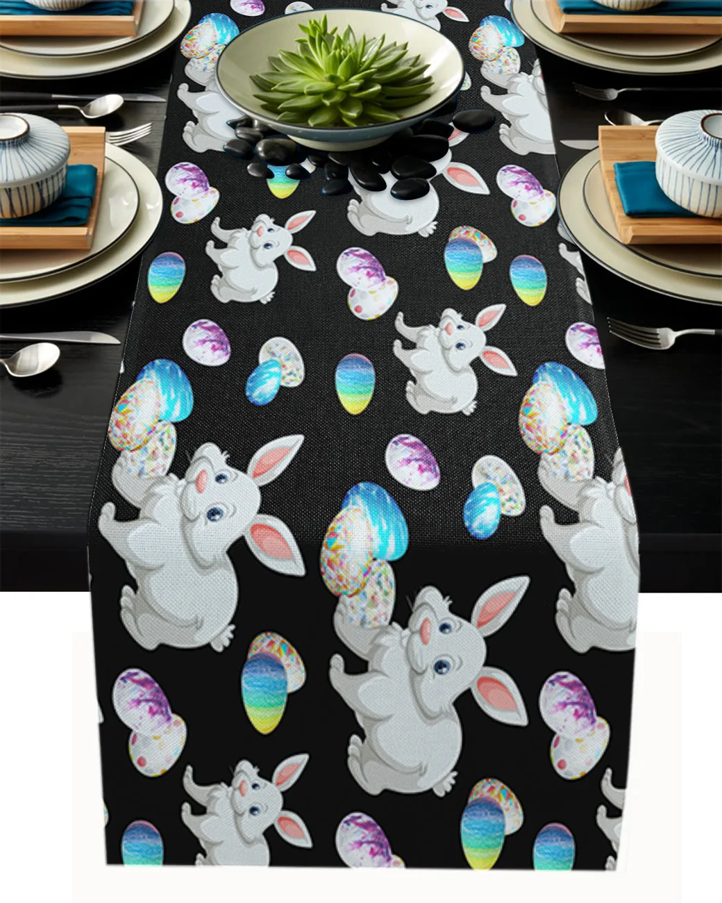 

Easter Colorful Eggs And Bunny Table Runner Home Kitchen Table Decoration Tablecloth and Placemats Wedding Table Runner