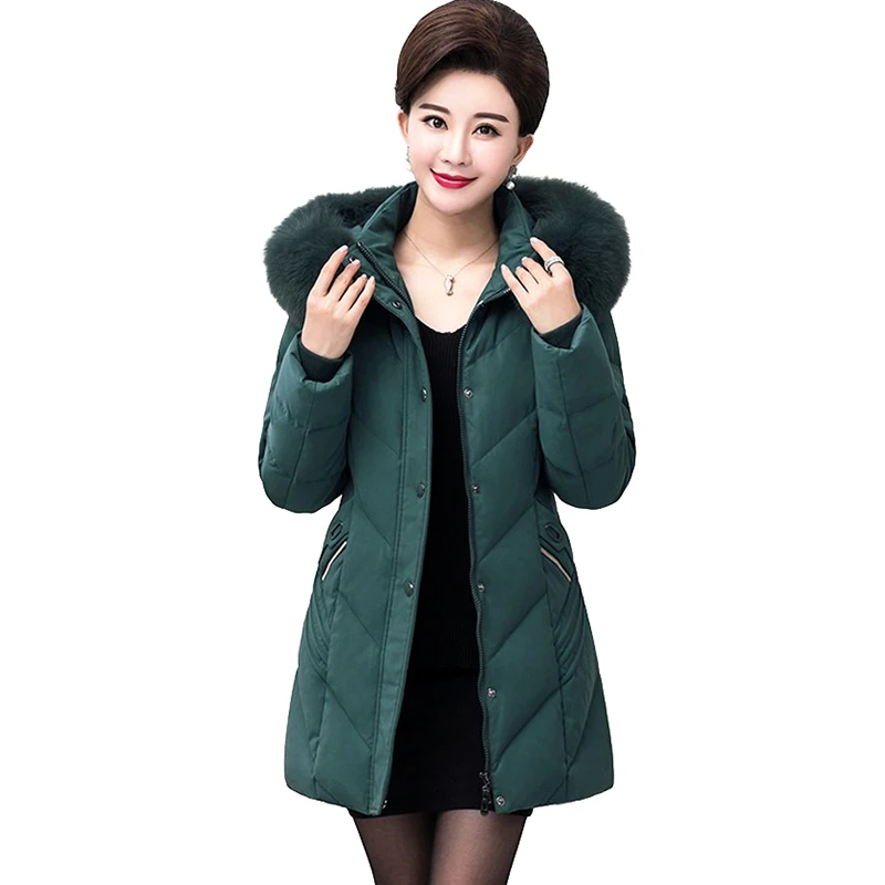 Oversize Winter Down Jacket Middle aged Women White duck down Coat Thicken Hooded Fur collar Outerwear Plus size XL-13XL G739 | Женская