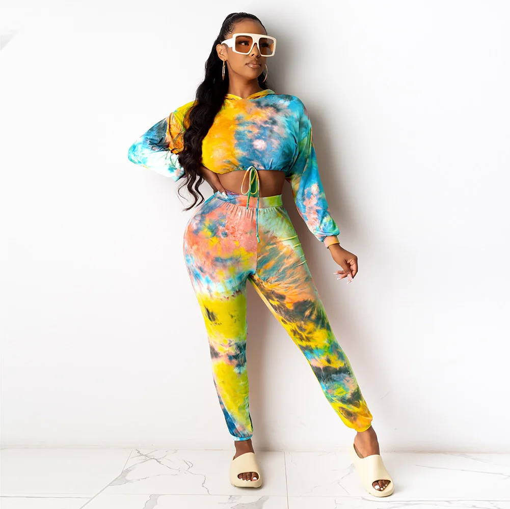 

Tie Dyeing Printed Vintage Two Piece Sets Outfits for Women Hooded Long Sleeve Crop Top Pencil Trouser Plus Size Matching Suits