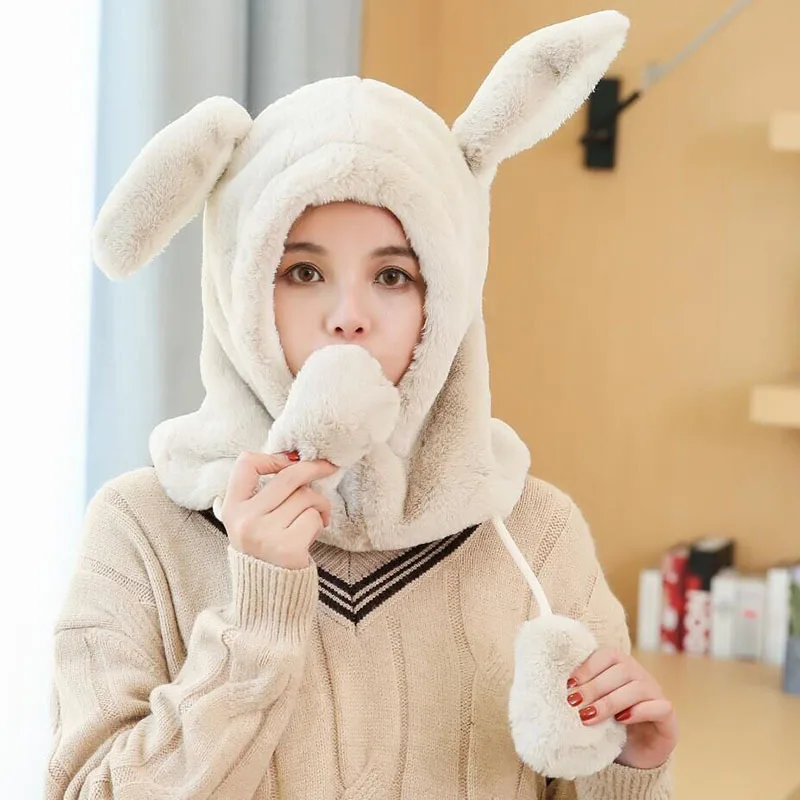 Зимняя Толстая шапка для девочек шарф капюшон с заячьими ушками милые теплые