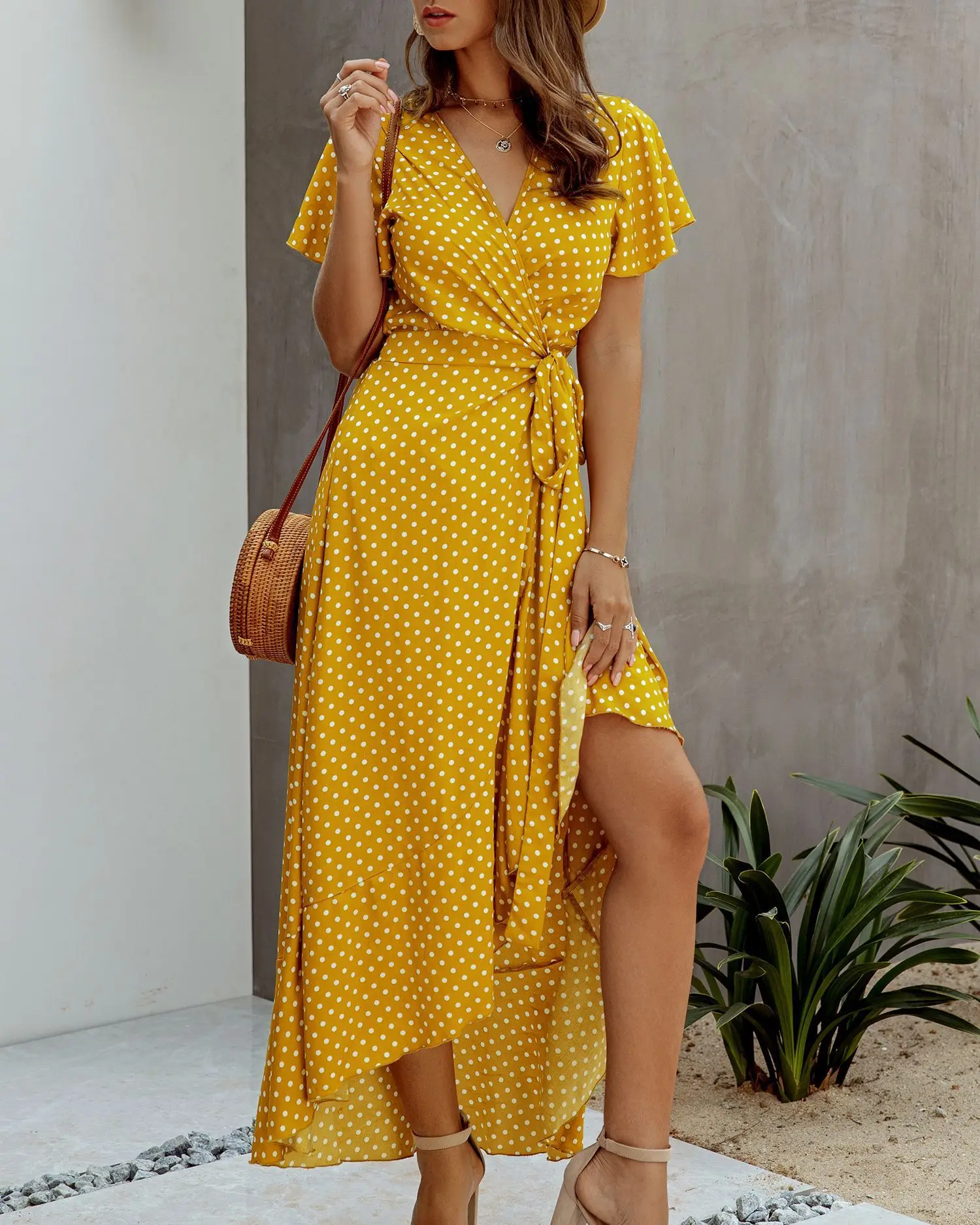 

Print A-Line Summer Dress Bohemian 2020 Summer Flare Sleeve Polka Dot Sexy V-neck Ruffled Dress Plus Size Women