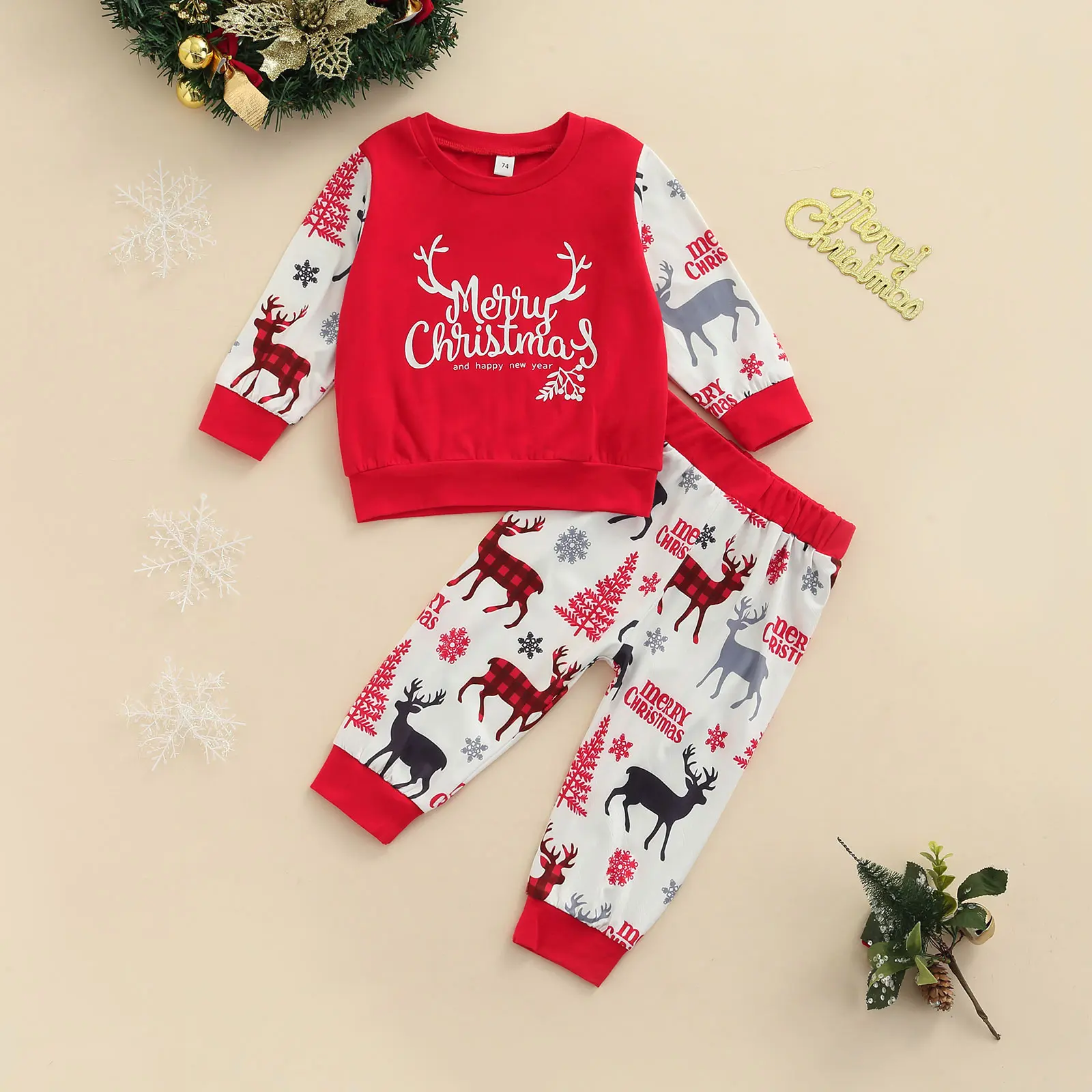

2Pcs Baby's Christmas Sets Letter Long Sleeve Pullover Top Cartoon Printed Elastic Trousers Toddler Girls Boys Spring Fall 6-24M