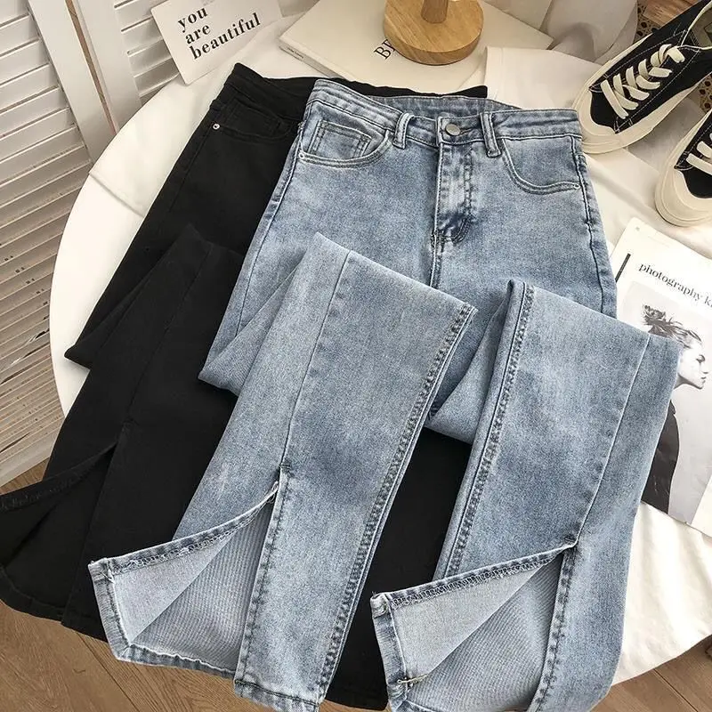 

2021 эластичные джинсовые расклешенные брюки, женские винтажные синие джинсы с высокой талией и разрезом, женские корейские шикарные серые д...