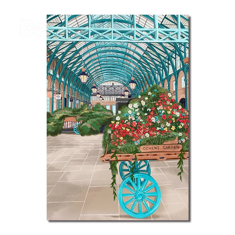 

Poster Card Wall Stickers Room Decoration Accessories Outskirts Greenhouse Planting Flowers Trolley Transport Frameless Painting