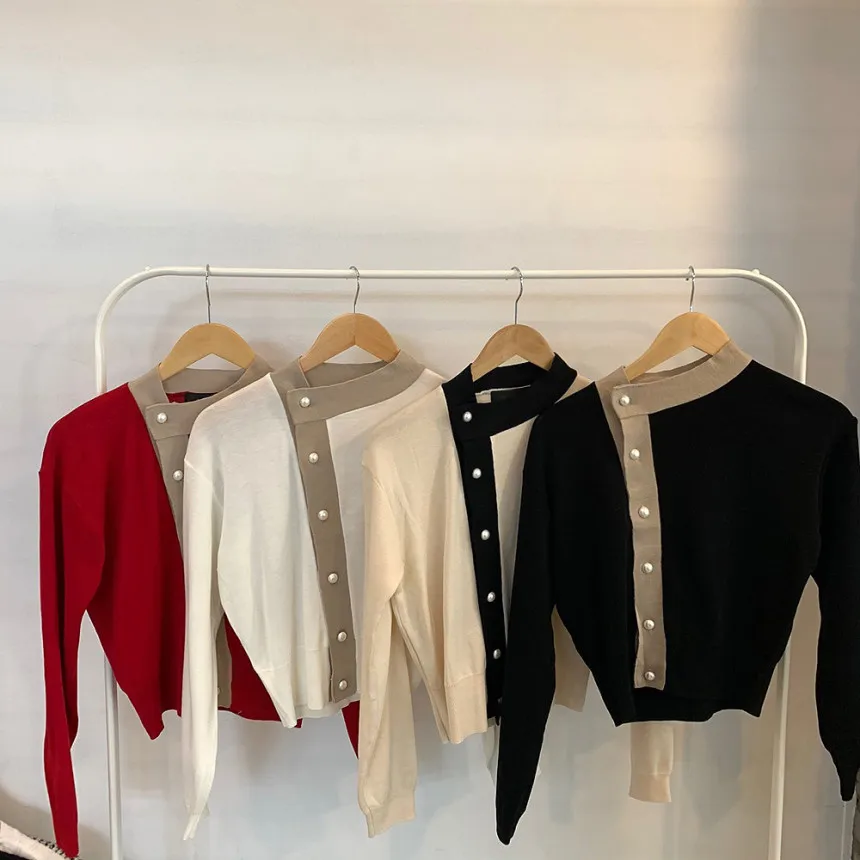 

Simple Contrast Color Sweater Slim Fit Slimming Long Sleeves Knitwear Women's Inner Elegant Knitted Top