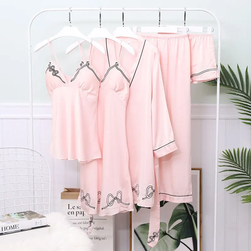 

5PCS Female Satin Kimono Gown Nightwear Intimate Lingerie Sexy Novelty Sleep Set Gray Wedding Robe Sleepwear Home Clothing