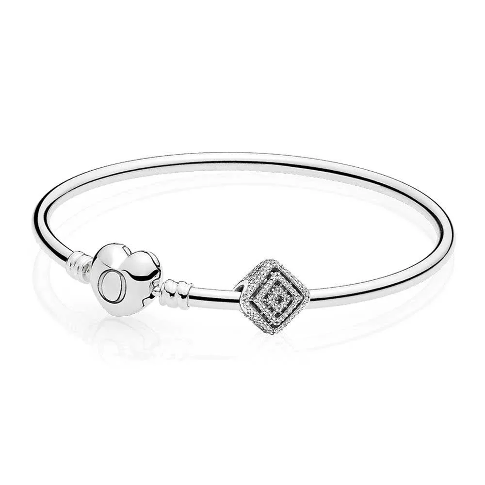 

NEW 925 Sterling silver Geometric Lines Bangle Set Clear CZ fit DIY Original charm Bracelets jewelry gift A set of prices
