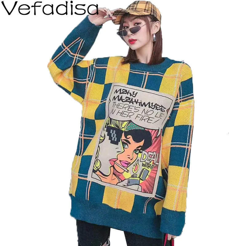 Vefadisa пуловер свитер женский 2019 зимний толстый в клетку с принтом винтажный