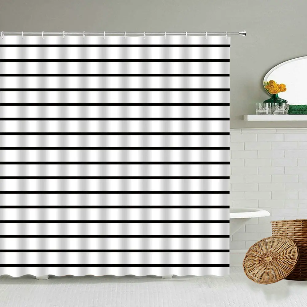 Waterproof Shower Curtain Bathroom Decor Set Gray Striped Art Design Curtains 