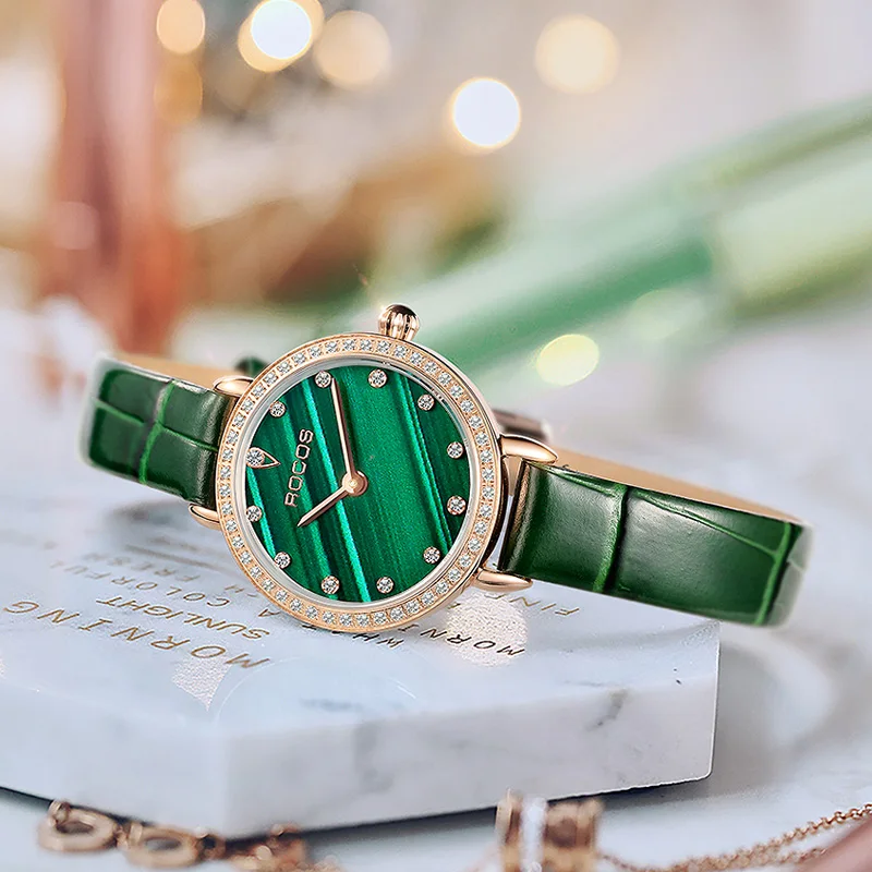 ROCOS Women Fashion Quartz Watch Luxury Green Dial Waterproof Watches For Ladies Emerald Elegant Wristwatch Leather Belt R0235