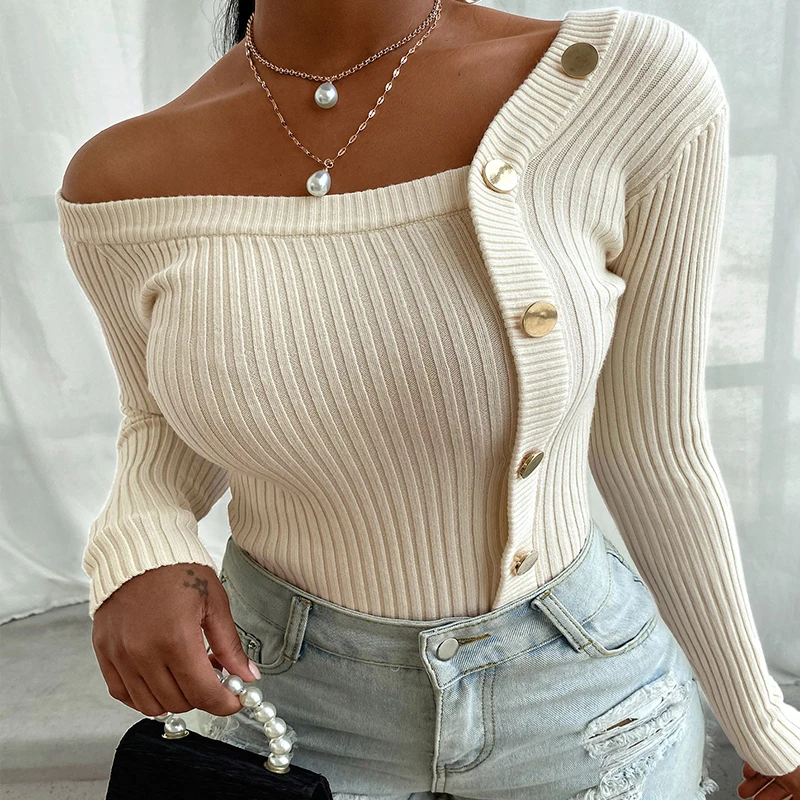 

New Slim Fit All-match Pullover Sweater Ladies Tops Irregular Neckline Fashion Knit Sweaters Women's Color Matching Fashion Tops