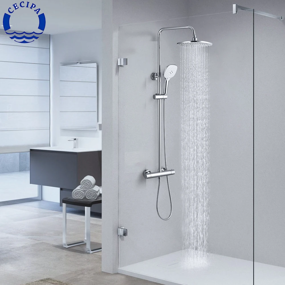 CECIPA Chrome Shower System Set With 38℃ Thermostatic Faucet Height Adjustable Slide Bar Safety Lock Bathroom Fixtures | Строительство