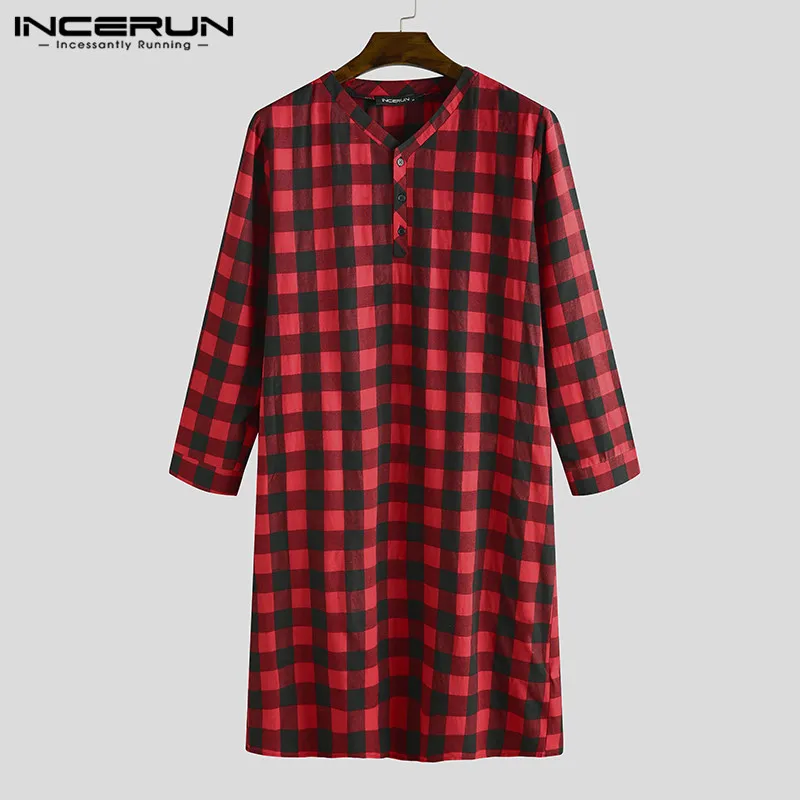 2023 New Men Plaid Sleep Robes Sleepwear Men Fashion Soft Loose Long Sleeve V Neck Button Nightgowns Casual Long Pajamas INCERUN