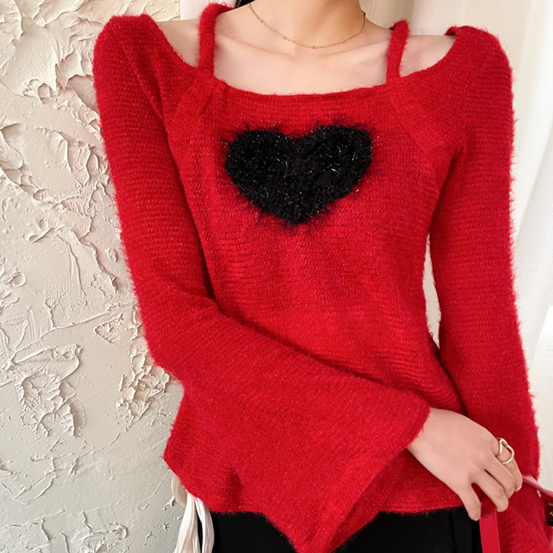 Красный пуловер из мохера вязаный свитер Женский винтажный элегантный