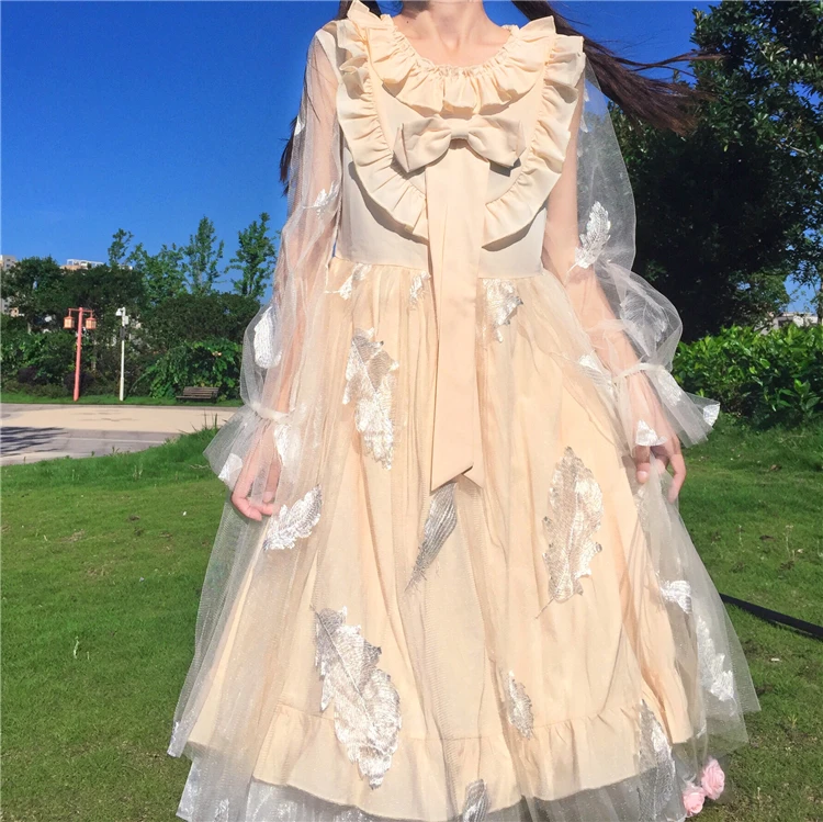 

Japanese-Style Sweet Lolita Immortal Mesh Long-Sleeved Feather Embroidered Bow Ruffles Dress Female Summer lolita dress