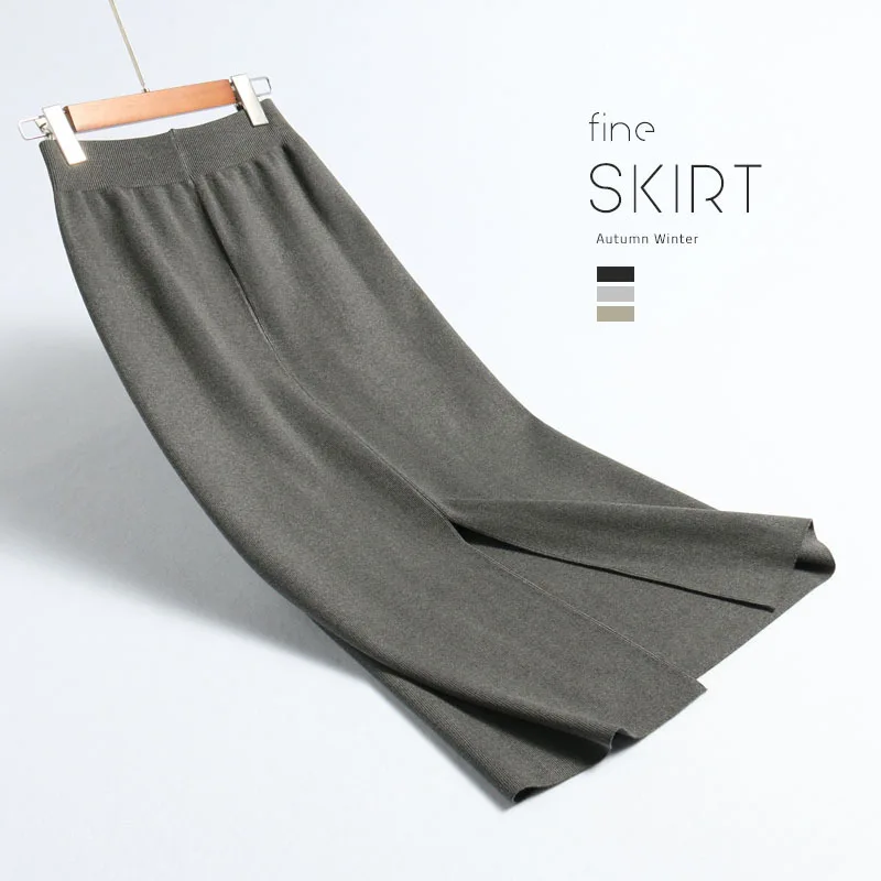 Серый INNASOFAN knitted skirt Women's Autumn-winter sexy high waist skirt Fashionable high-end chic long solid skirt - Цвет: Серый