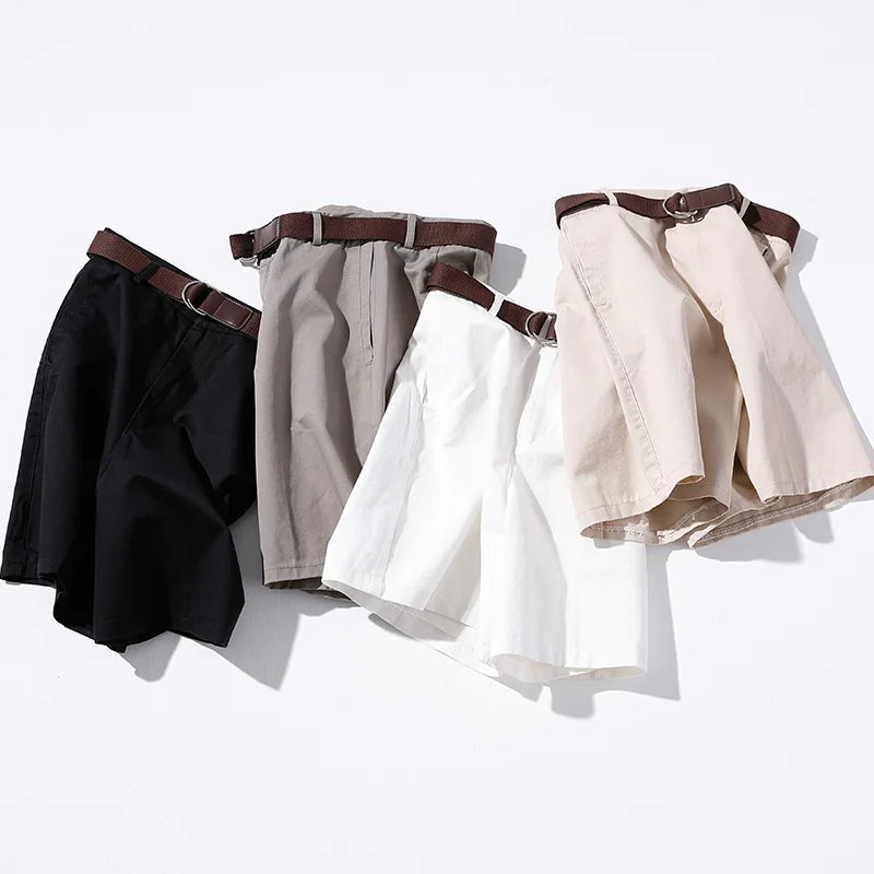 

Шорты женские хлопковые с широкими штанинами, свободные короткие трапециевидные штаны с кожаным поясом, лето 2021