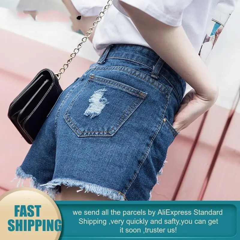 Черные рваные джинсовые шорты для женщин большого размера синие потертые с