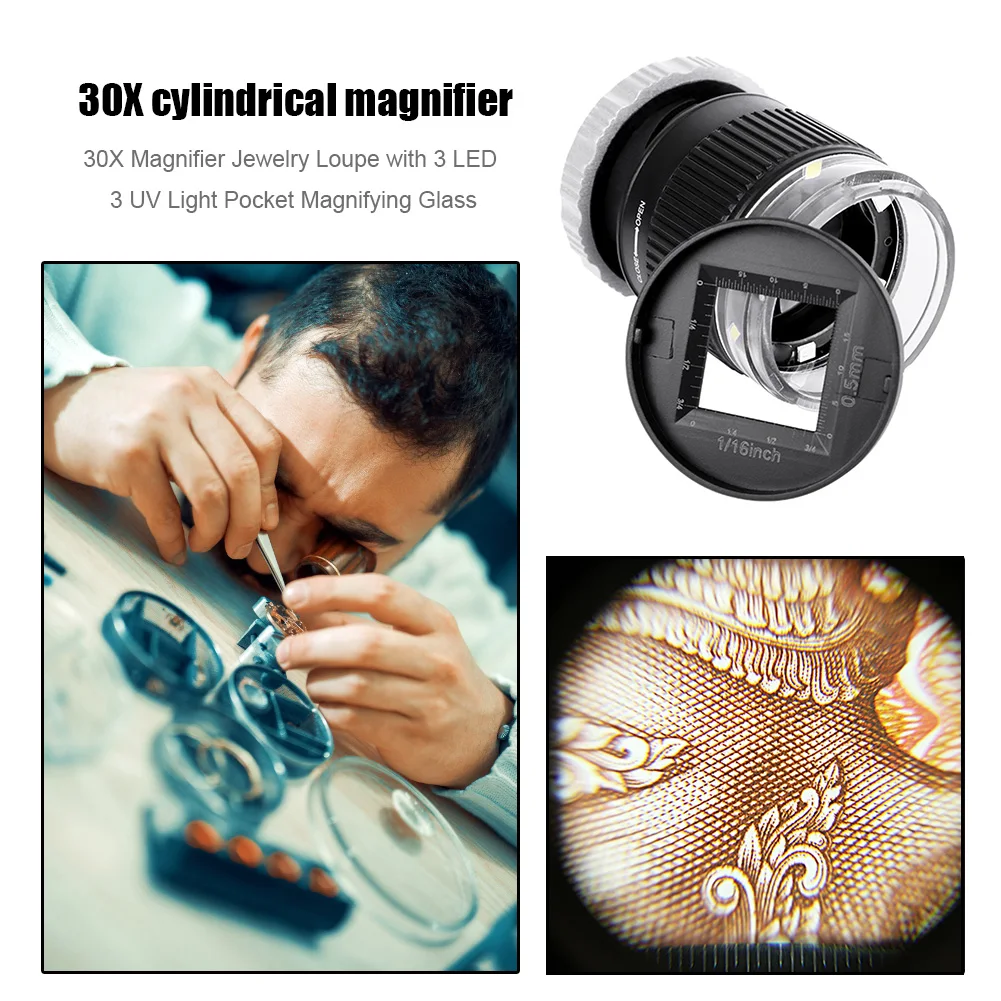

30X Magnification Magnifier Jewelry Loupe with 3 LED 3 UV Light Optical Glass Lens Illuminated Pocket Magnifying dropshipping#20