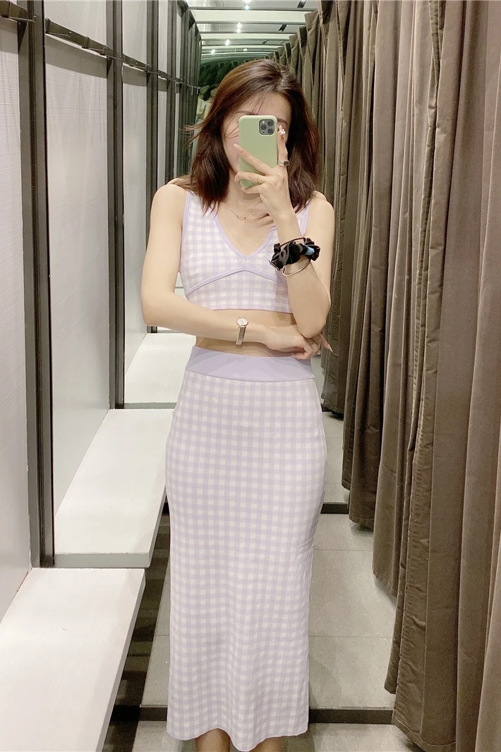 

2-piece high-waist slit check sling skirt