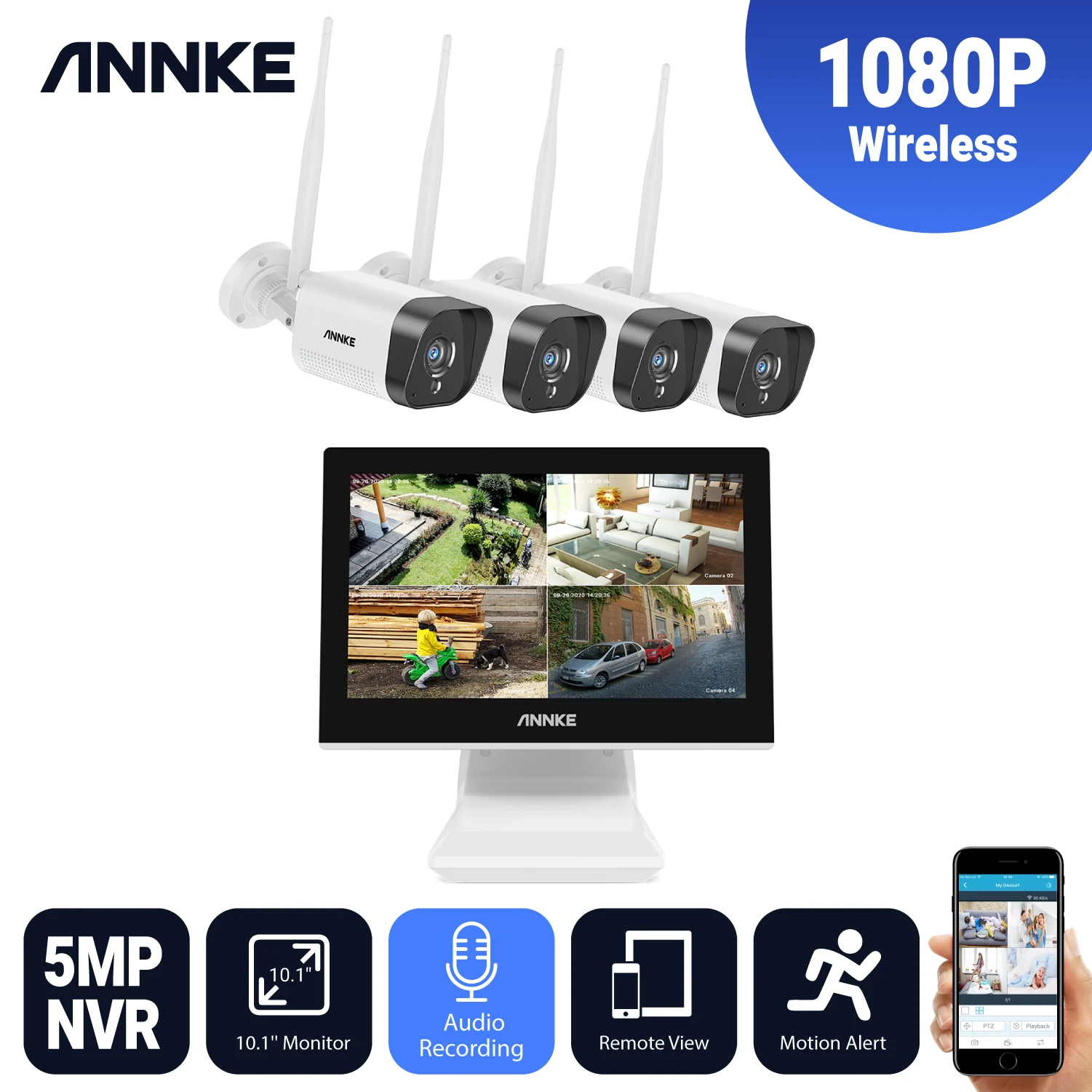 

ANNKE 4CH FHD 1080P Wireless Video Security System 10.1 inch LCD Screen 5MP NVR 4PCS IP Cameras Audio Recording Surveillance Kit