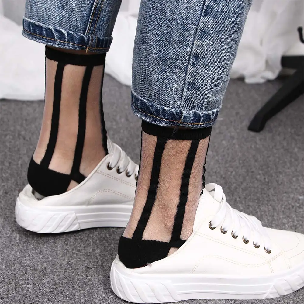 Кружевные сетчатые носки нейлоновые прозрачные Стрейчевые эластичные полосатые