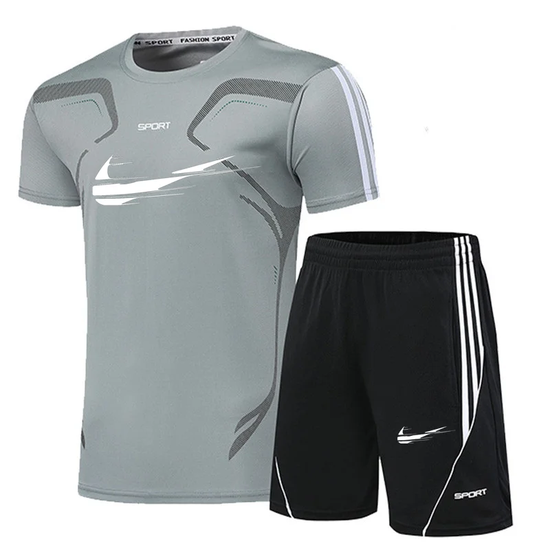 

Summer New Casual Suit Men's 2-Piece Sportswear Striped Short-Sleeved T-Shirt + Shorts Suit Sports Fitness Quick-Drying Clothes
