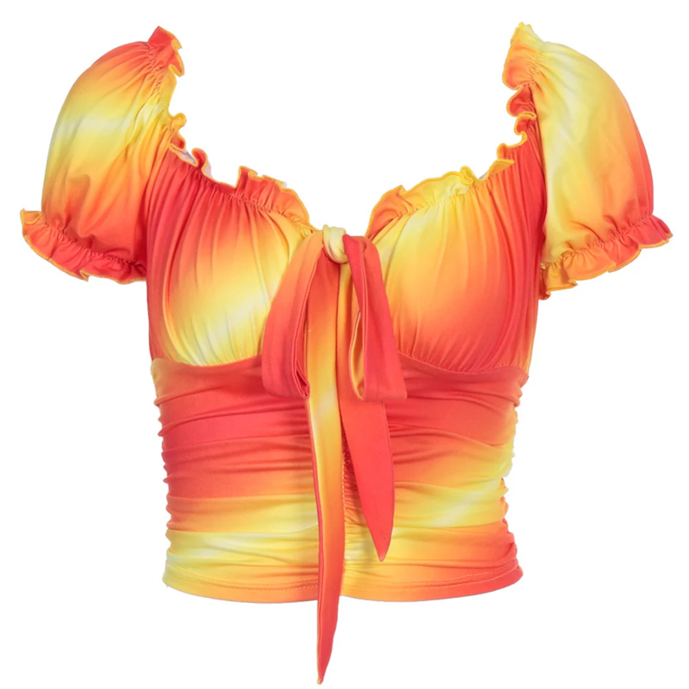 

Women Tie-front Multicolor Shirt Short Sleeve Off-the-shoulder Ruffle Boat Neck Summer Sexy Backless Blouses Clothes