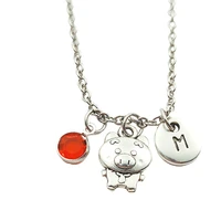 pig animal necklace birthstone creative initial letter monogram fashion jewelry women christmas gifts accessories pendant