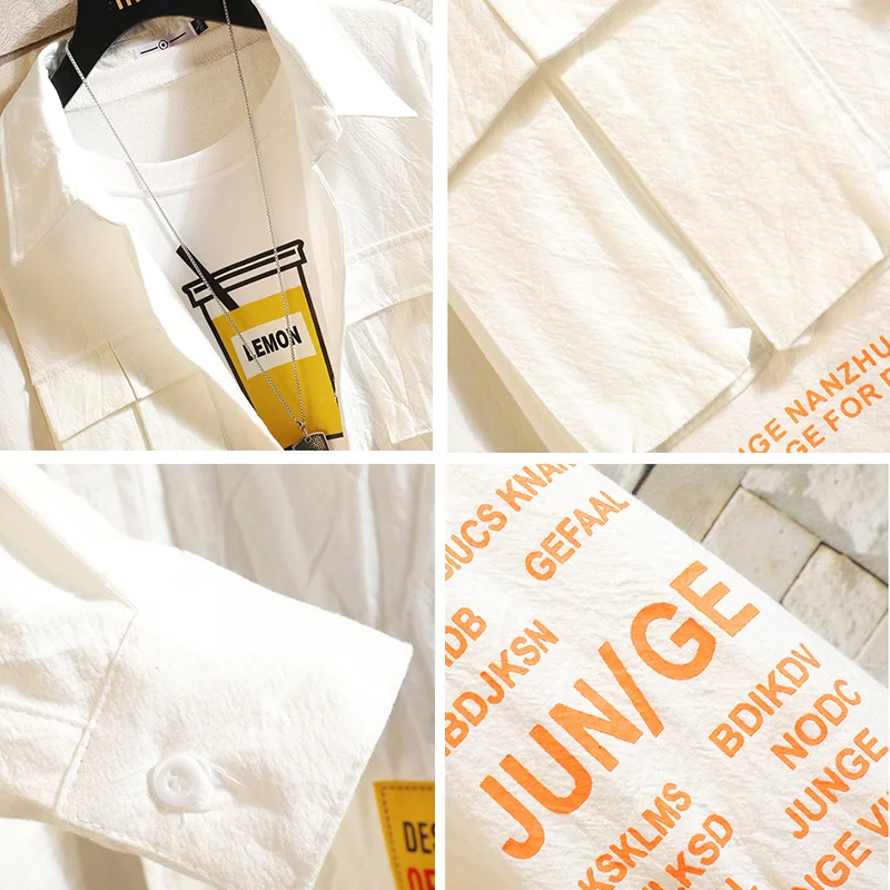 

White Cotton Cargo Shirt Men Autumn Fashions Streetwear Casual Tops Male Letter Print Long Sleeve Military PLUS SIZE Shirts 5XL