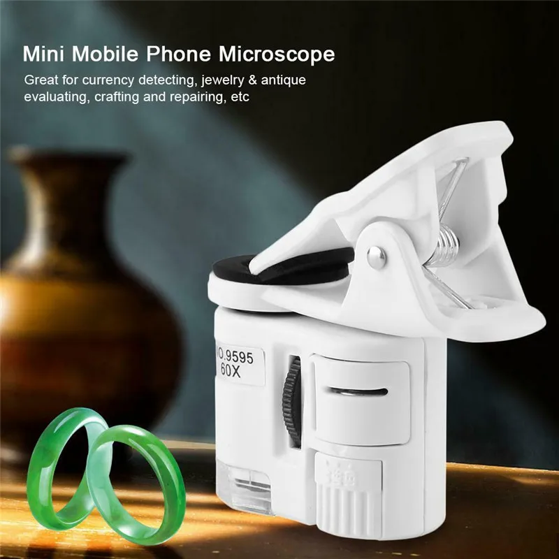 Hot Sale 60X Magnifying Glass Universal Mini Mobile Phone Clip Microscope with LED/UV Lights | Lens