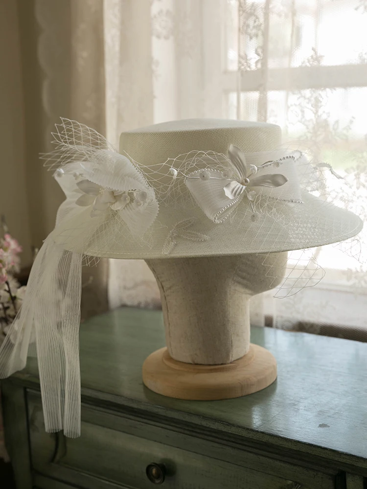 

French Style White Wide Deep Wedding Hat With Gauze Bow Flower Fascinator Hat Formal Elegant Women Church Party Flower Hat 2021