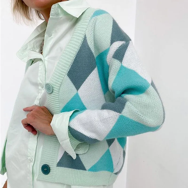 

Women Color Argyle Plaid Sweaters Fashion V-Neck Long Sleeve Knitted Cardigan Sweater Autumn Sweet Ladies Knitwear Coat