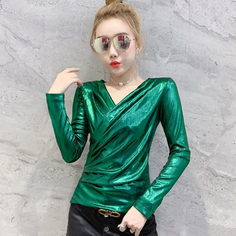 

T-shirt women's long sleeve spring and autumn fashion V-neck foreign style small shirt sexy women's Cross top bright top