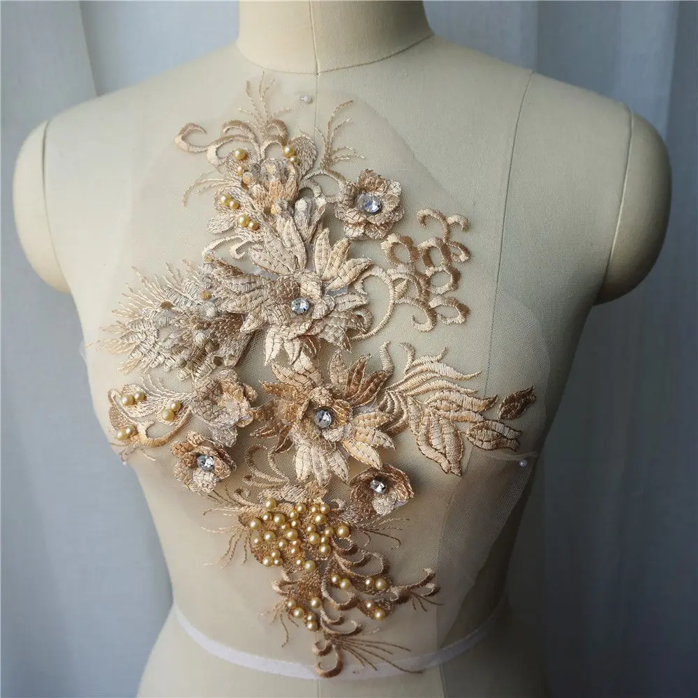Золотой цветок кружевной ткани бисером вышитое платье Аппликации планки