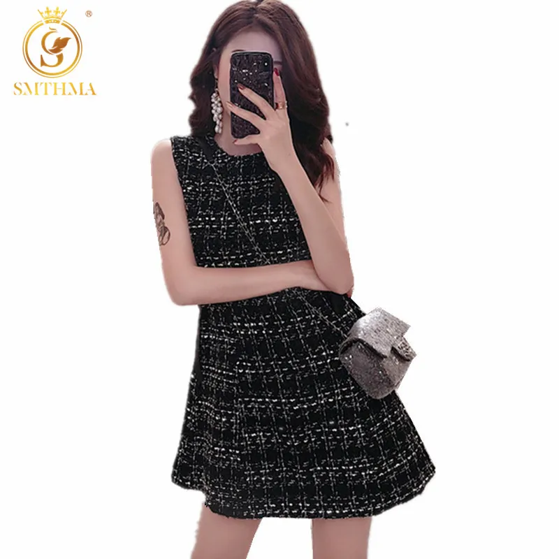 Женское твидовое платье SMTHMA черное Повседневное без рукавов с круглым вырезом