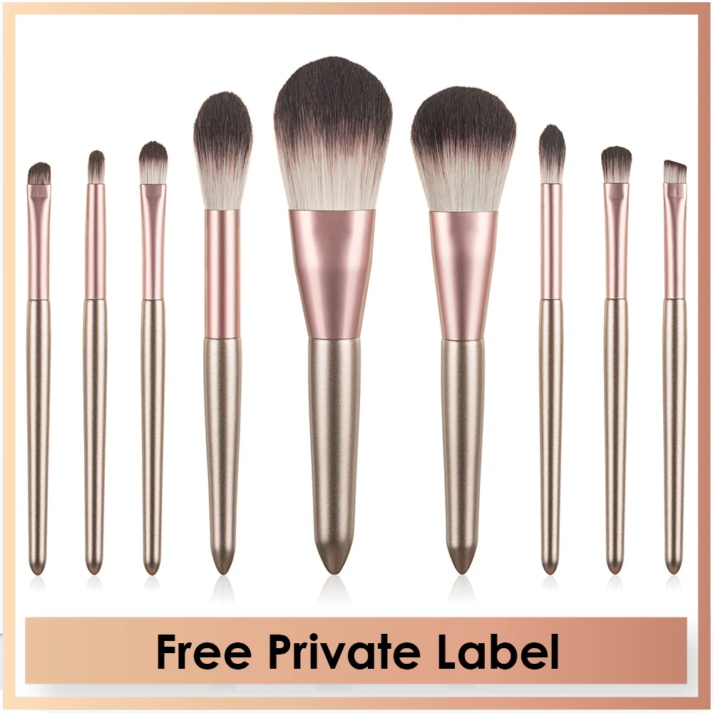 Makeup Brush Private Label 9pcs Face/Eye Soft Synthetic Hair Wood Handle Champagne Gold Professional Vegan Make Up Brush Set