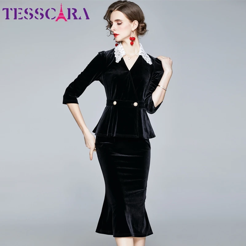 TESSCARA Women Autumn Winter Elegant Velvet Dress Suit Set High Quality Vintage Office Party Robe Femme Designer Black Vestidos | Женская