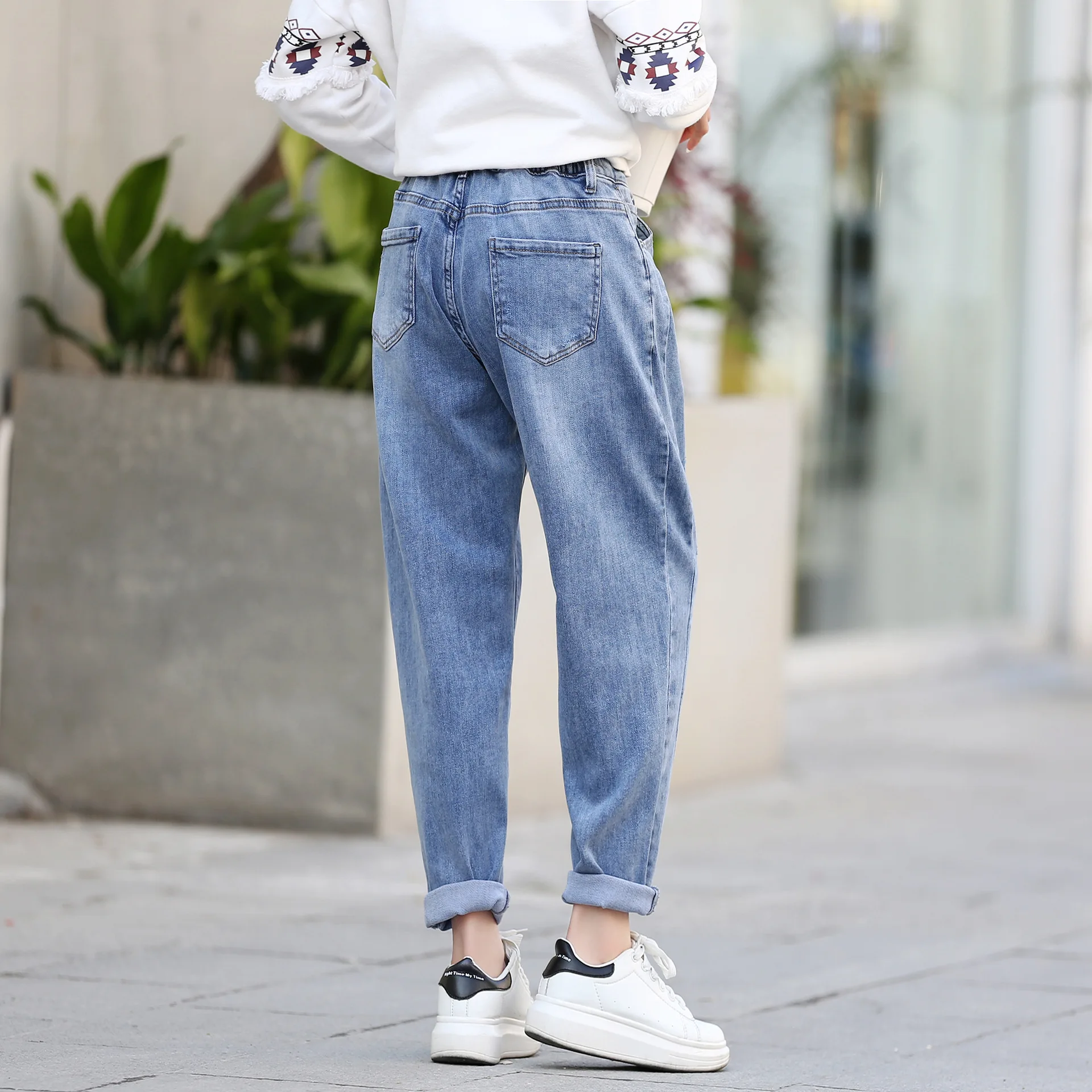 Женские джинсы размера плюс повседневные штаны-шаровары с высокой талией весна