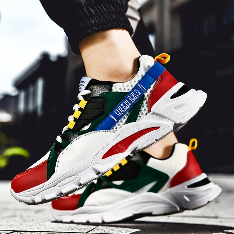 

Новинка весна-осень 2022, Мужские дышащие сетчатые кроссовки, высокие, Нескользящие, со шнуровкой, в стиле пэчворк, Повседневная модная спорти...