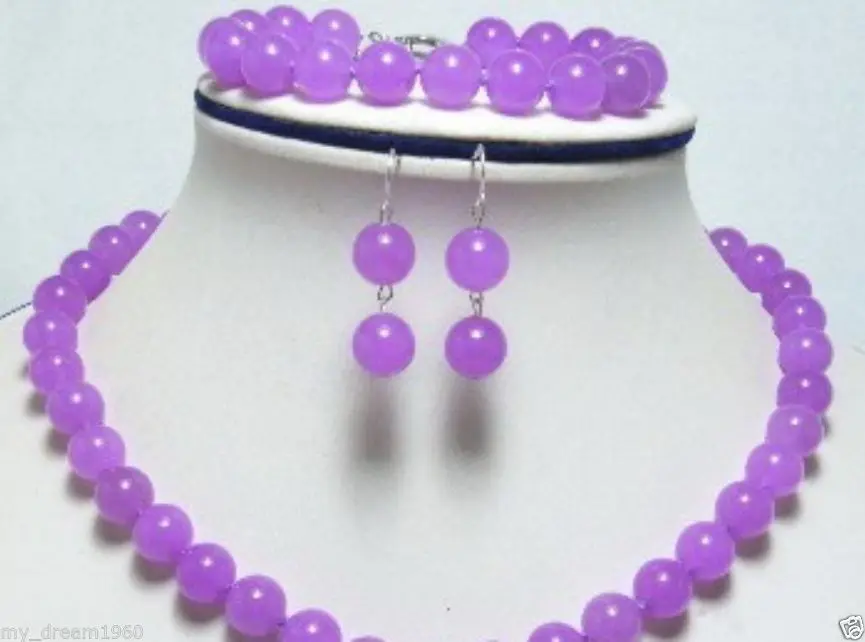 

Комплект ювелирных изделий ручной работы из натуральных 10 мм фиолетовых нефритовых бусин ожерелье браслет серьги