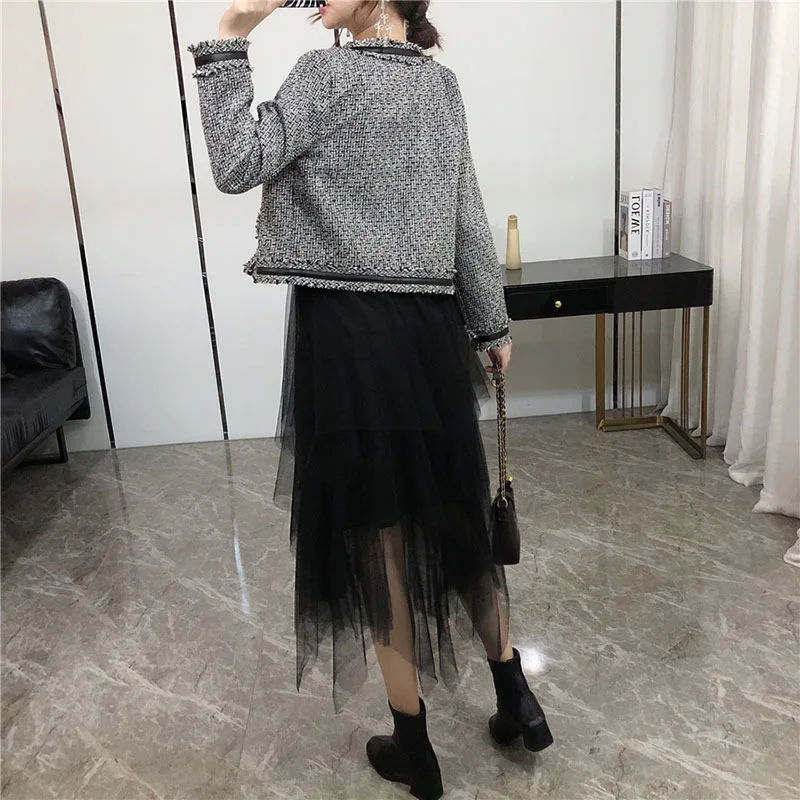 

2021 New Spring Autumn Long Sleeve Fashion tweed Jacket + Black Mesh Casual Half Skirt Vintage Elegant Chic Women'S Sets
