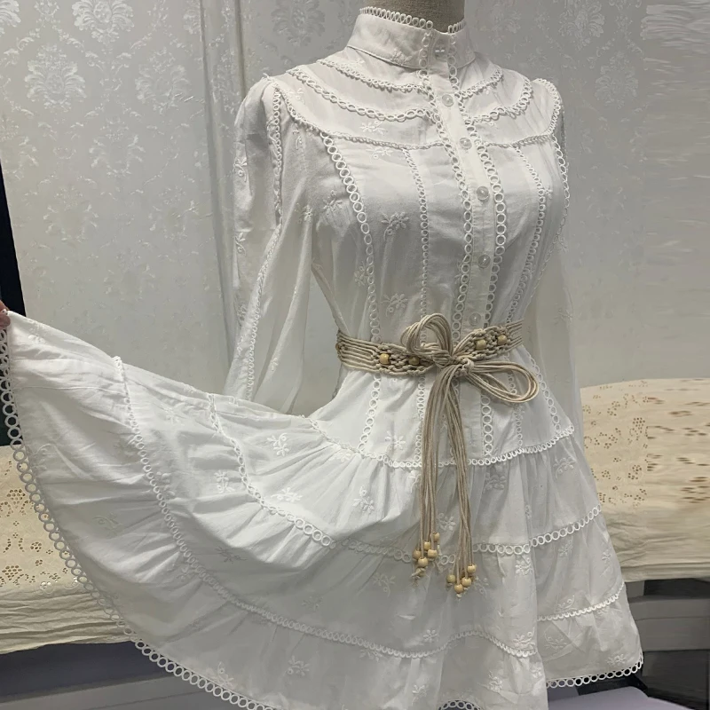 

Women Vintage White Cotton Summer Dress Embroidery Long Lantern Sleeve High Waist Belted Mini Dress