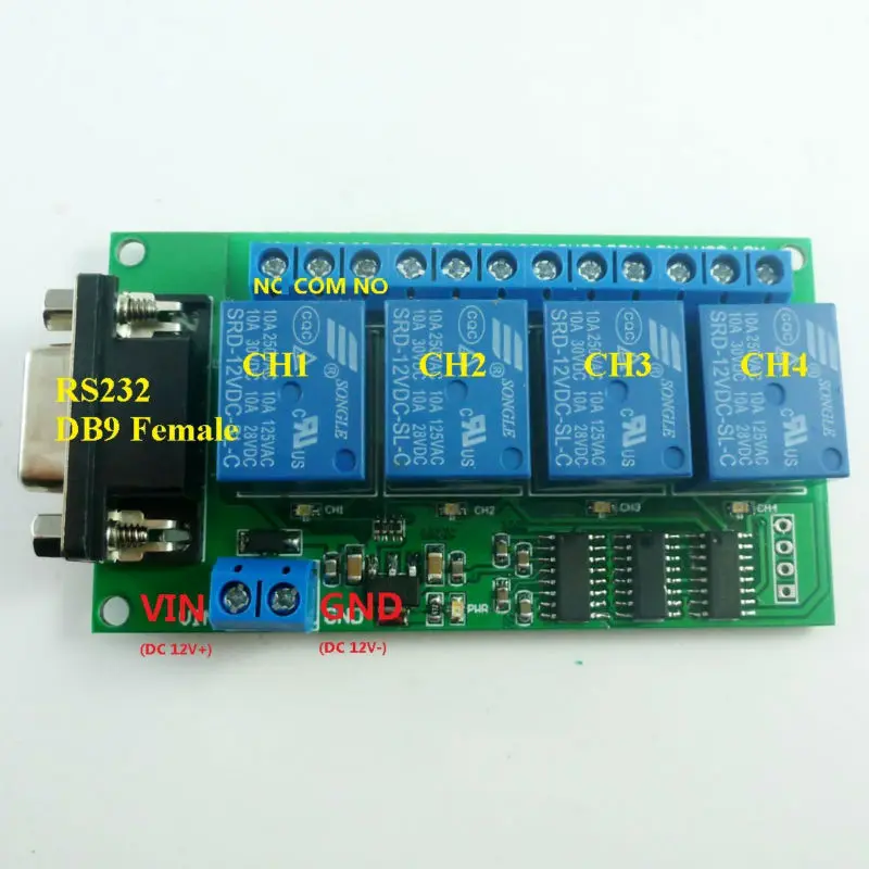 

CE039 DC 12V 4 Channel RS232 Relay Board PC USB UART DB9 Remote Control Switch for Smart Home Garage door Car alarm Farm Motor
