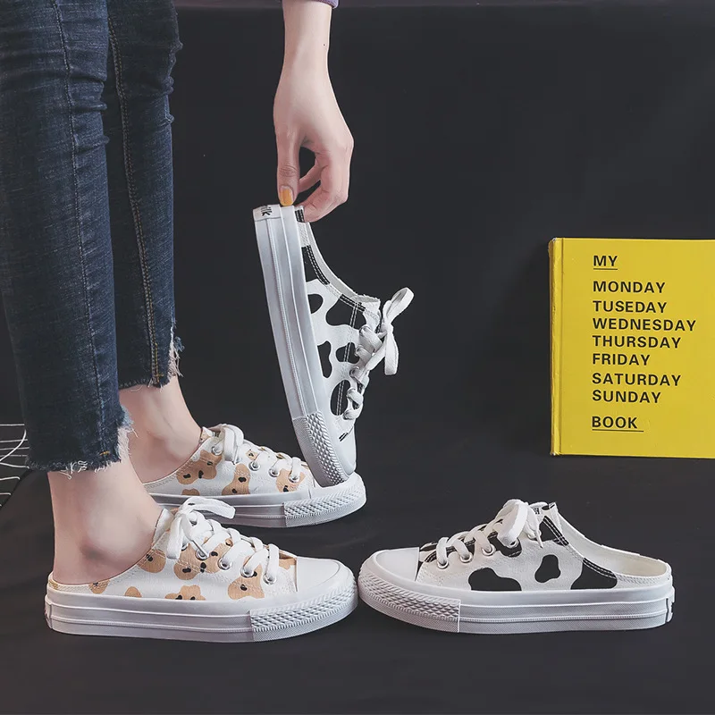 

2021 Summer New Girl Sneakers Cow Flat Heel Rubber Sole Women's Casual Shoes No Heel Flat Slipper Canvas Shoes Fashion White