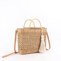fashion hollow wooden handle straw shoulder bags wicker woven rattan women handbags summer beach large capacity tote travel sac