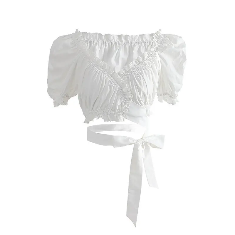 

New Summer 2021 Very Fairy Top Design Sense Niche White Lace-up Girl Wearing Puff Sleeve Shirt Fairy