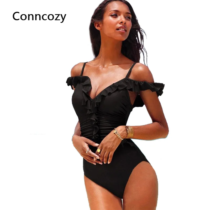 

2021 New Sexy Ruffle One Piece Swimsuit Off The Shoulder Swimwear Women Solid Deep-V Beachwear Bathing Suit Monkini Swim Suit