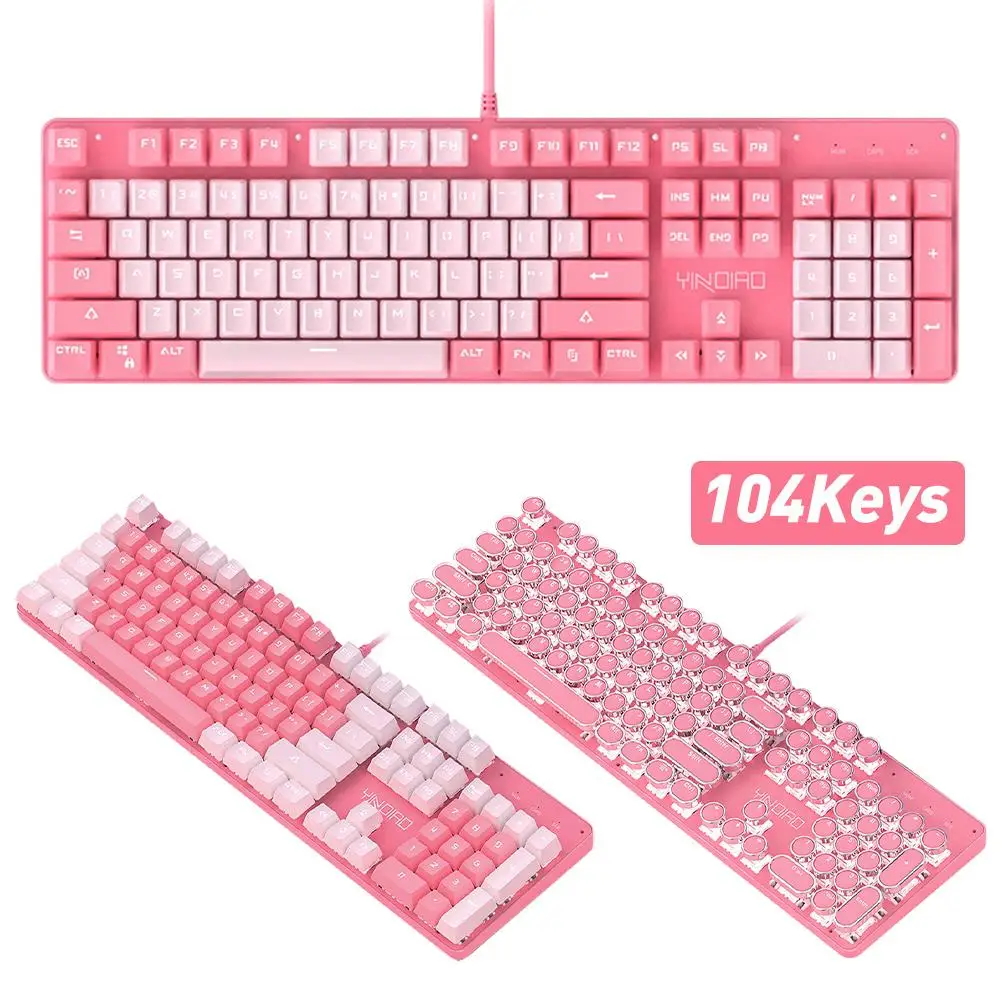 

Girls Pink Keyboard Mouse Sets True Shaft Backlit Punk Keycap with Green Axis Mechanical Keyboard Wired USB 3200DPI Mute Mouse